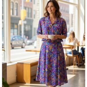 Jantzen Womens Skirt Set Vintage 80s Colorfulโ Floral Midi Button Front Rayon Lg